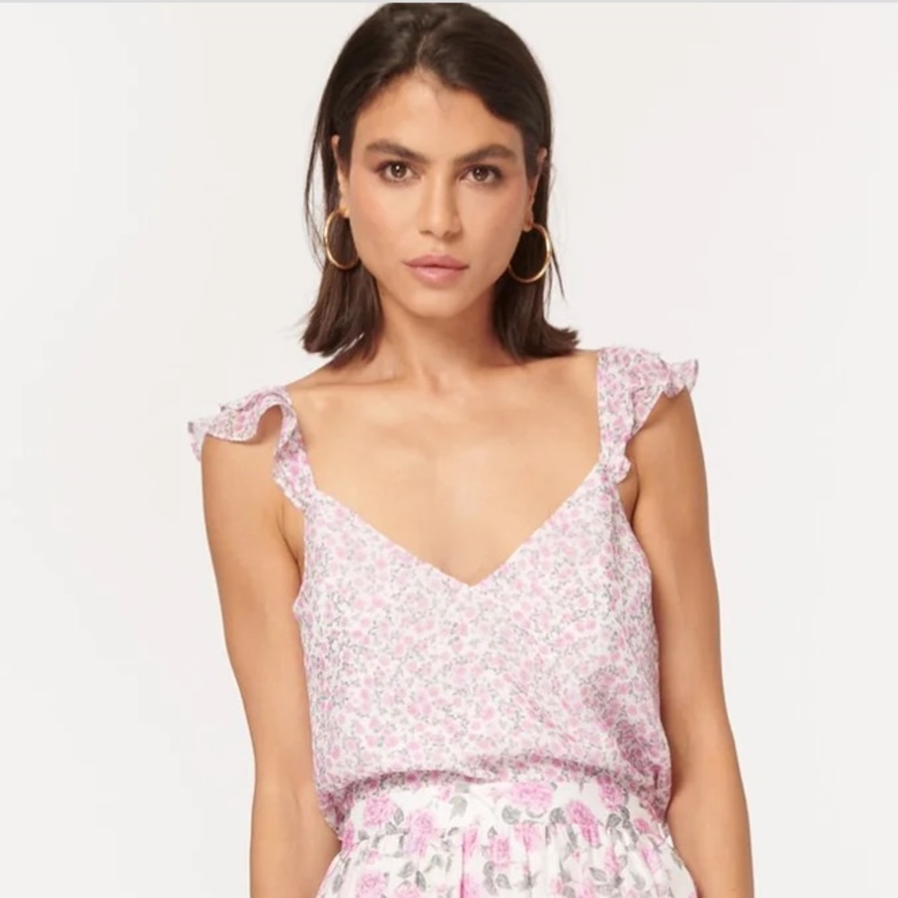 Cami NYC Cara Chiffon Cami Floral Silk Ruffle Tank Top Confetti Blouse - M